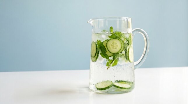Refreshing pitcher of cucumber mint infused water with ice on a white table