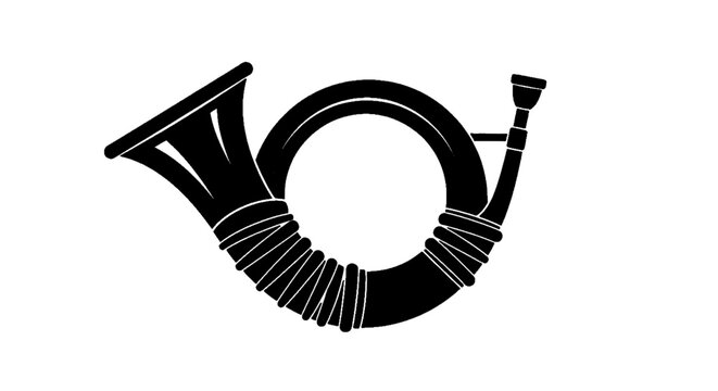 Minimal black silhouette icon, simple flat vector, bold black shape, no, no shading post horn icon, vintage musical instrument symbol for postal service on a, flat icon style