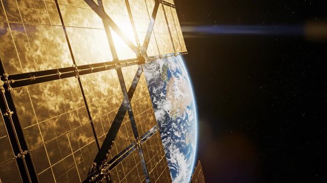 Solar panel array orbiting earth in space. Large satellite module collecting energy from sunlight. Future renewable technology for global power generation concept