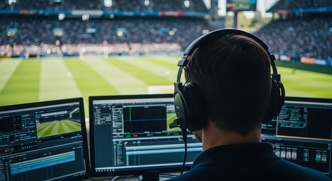 Media professional monitoring live sports broadcast