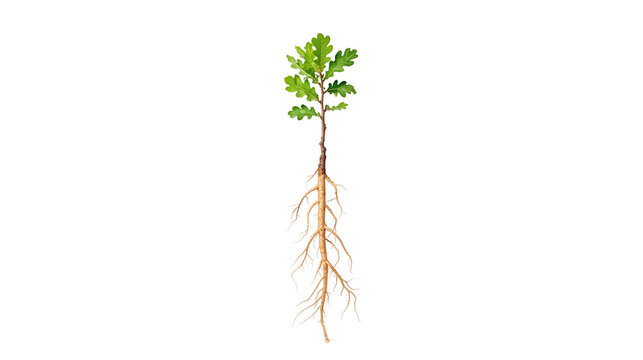 Oak sapling with root system, young tree botanical nature study, nursery plant seedling, growth and ecology concept, scientific educational illustration, forest. oak, sapling, tree, root, roots, seed.