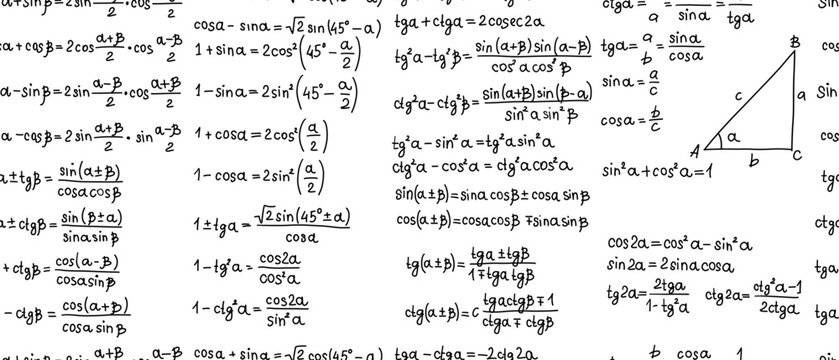 Math Trigonometry Formulas Seamless Pattern. Hand Drawn School Equations, Geometry Right Triangle Diagram and Algebraic Identities Background. Vector Illustration.
