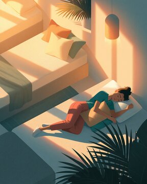 A cozy bedroom showroom with several mattresses side by side, while a sleep coach in casual clothing demonstrates stomach-sleeping support using pillows and a relaxed lying pose. Comfortable mood
