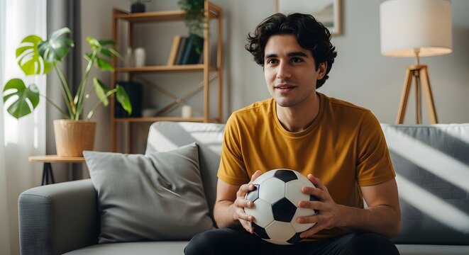 Young man holding soccer ball on sofa
