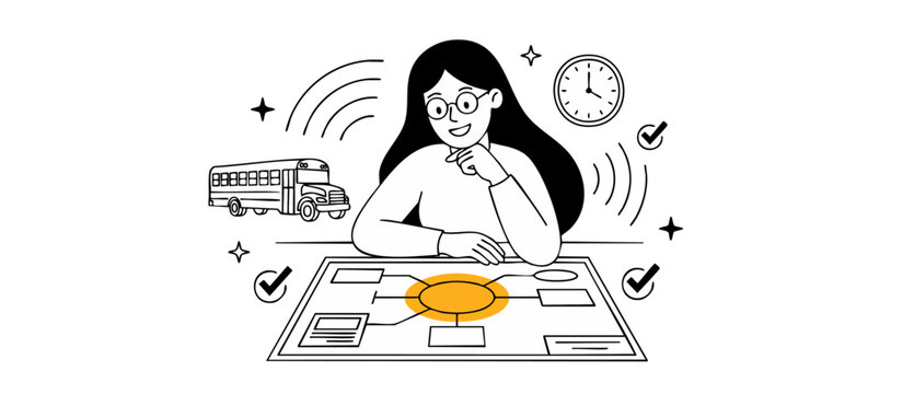 Student planning school bus route and daily schedule on mind map flowchart board, concept of time management, education organizing, productivity, and time-tracking with minimalist line art design.
