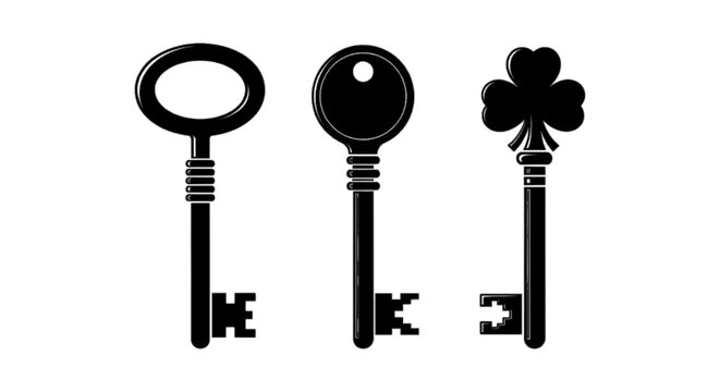 Minimal black silhouette icon, simple flat vector, bold black shape, no, no shading set of three vintage keys on a, flat icon style