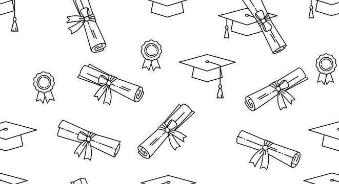 Seamless pattern of graduation cap and diploma line art