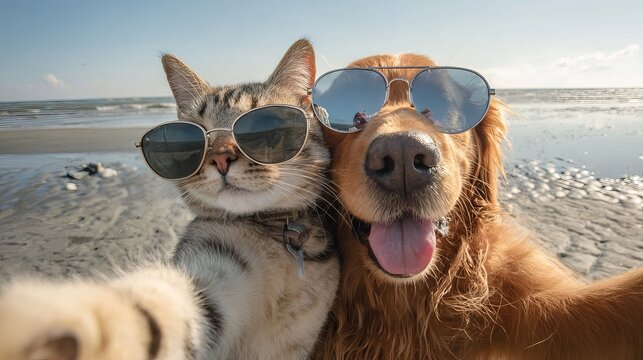 Adorable tabby cat and golden retriever dog wearing stylish sunglasses taking a fun summer selfie together at the sandy beach