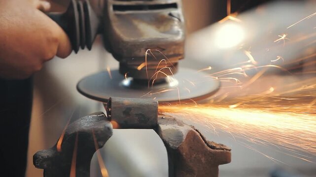 Industrial metalworking: Worker cutting steel with an angle grinder with flying sparks close up.