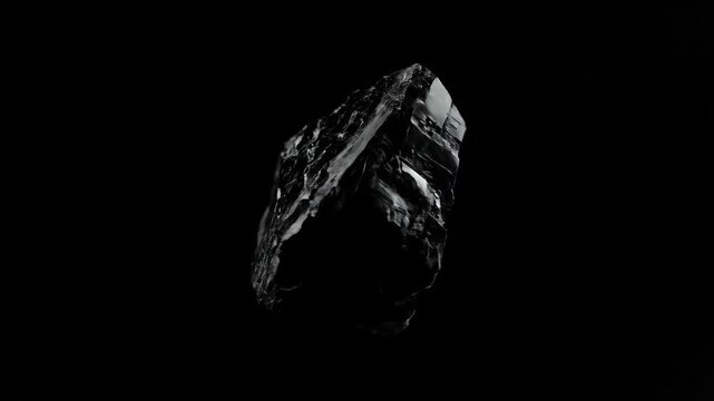 Rotating raw coal fragment with glossy fractured surfaces against pure black void. Perfect for energy branding, environmental visuals, educational content