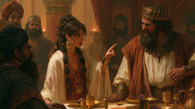 Esther pointing an accusing finger at Haman during the royal banquet, King Ahasuerus looking furious, tense Persian palace