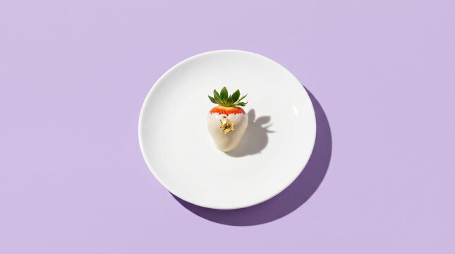 Single chocolate dipped strawberry on ceramic plate, vibrant violet background, representing gourmet dessert with copy space