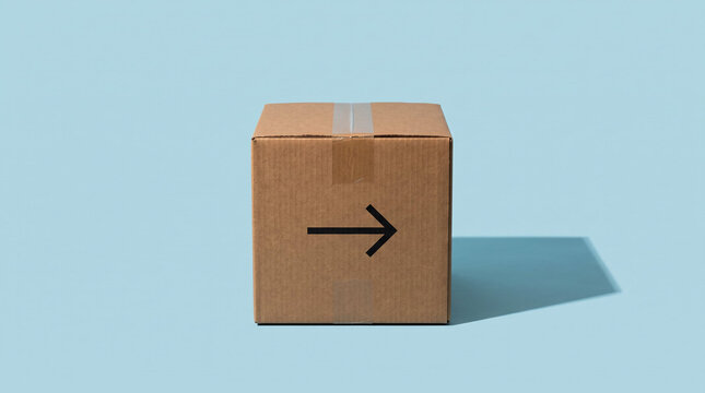 Cardboard delivery box with black arrow sign, soft blue background, representing shipping logistics and online order processing with copy space