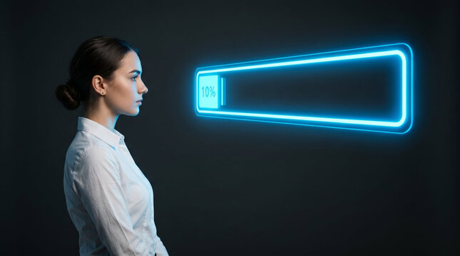 Corporate intern watching neon progress bar with focused mood representing professional development and career growth against dark background with copy space