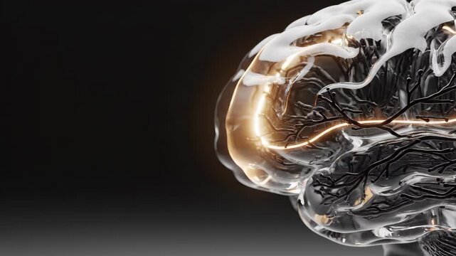 Digital artificial intelligence brain model with glowing neural pathways. Futuristic neuroscience research showing synaptic activity in a synthetic nervous system