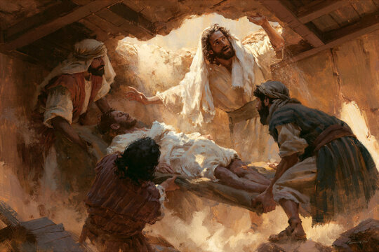 Four men lowering their paralyzed friend on a mat through a hole dug in a clay roof, Jesus looking up, dusty room
