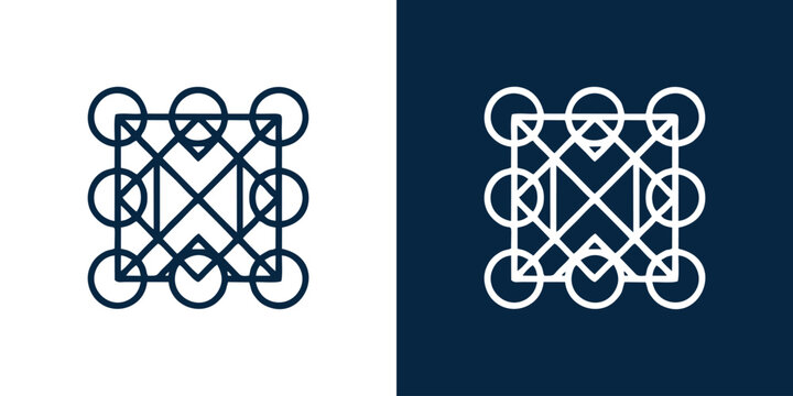 Minimalist symmetrical geometric logo set featuring circular and linear patterns on contrasting backgrounds