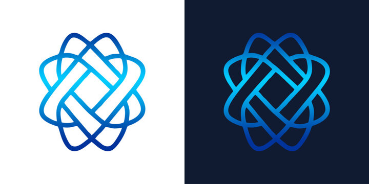 Abstract blue geometric line logo template featuring overlapping loops and knots, vector icon set
