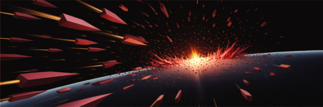 Futuristic asteroid strike on digital planet surface with red debris, abstract meteors and glowing cosmic explosion in deep space