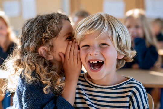 schoolgirl whispering secret to classmate while sharing friendship laughter and social interaction in classroom