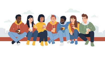 Fototapeta premium A diverse group of youth sitting together in friendship on a bench outdoors