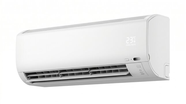 Modern air conditioner isolated on a white background with realistic details and studio lighting. Perfect for cooling, climate control, and home appliance concepts.