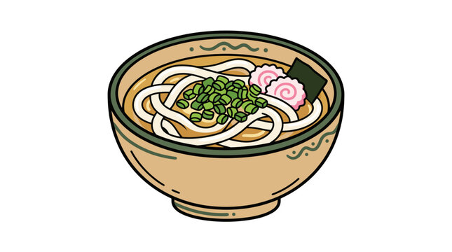 Japanese udon noodle soup bowl illustration with green scallions and naruto fish cake isolated on white background