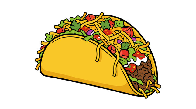 Crispy hard shell beef taco illustration with lettuce tomato cheese and sour cream