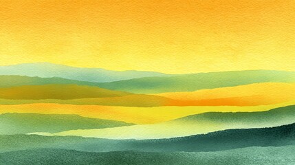 Obraz premium Abstract watercolor painting featuring vibrant rolling hills in shades of yellow green and orange with a soft textured paper finish