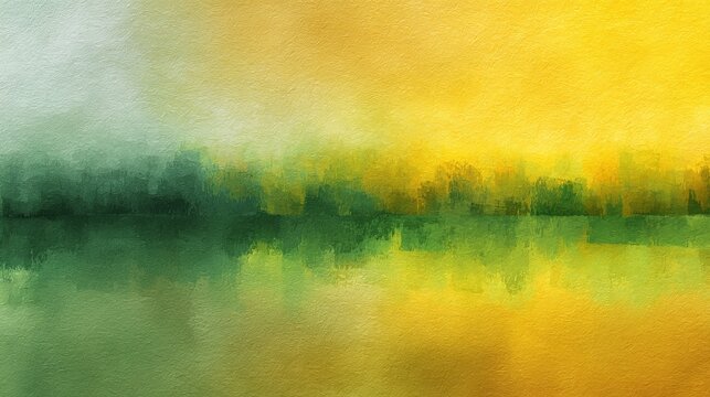 Abstract landscape painting featuring vibrant yellow and green colors with a textured oil canvas effect creating a soft hazy atmosphere