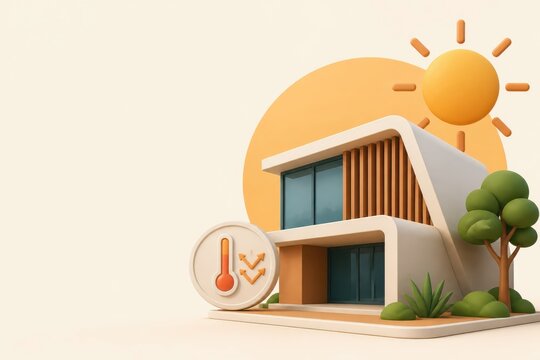 Energy efficient house with copy space and sun icon 3D render