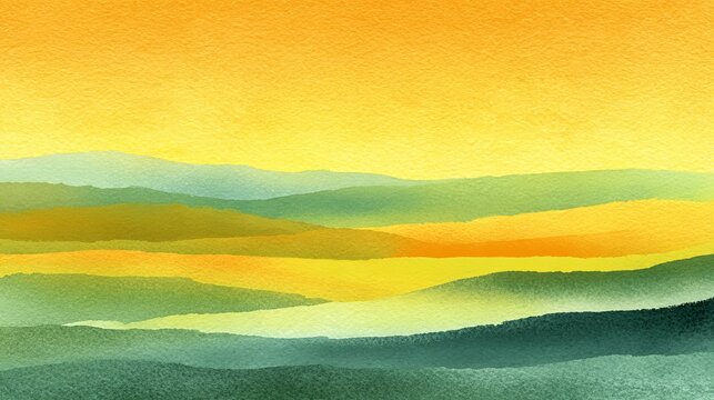 Abstract watercolor painting featuring vibrant rolling hills in shades of yellow green and orange with a soft textured paper finish