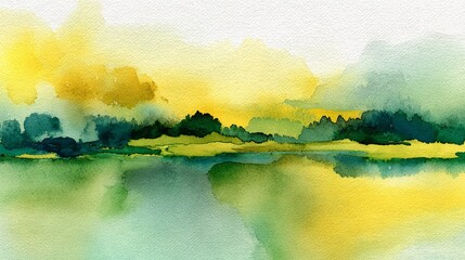 Obraz premium Abstract watercolor landscape painting featuring vibrant yellow and green washes with soft textures on textured white artistic heavy cotton paper