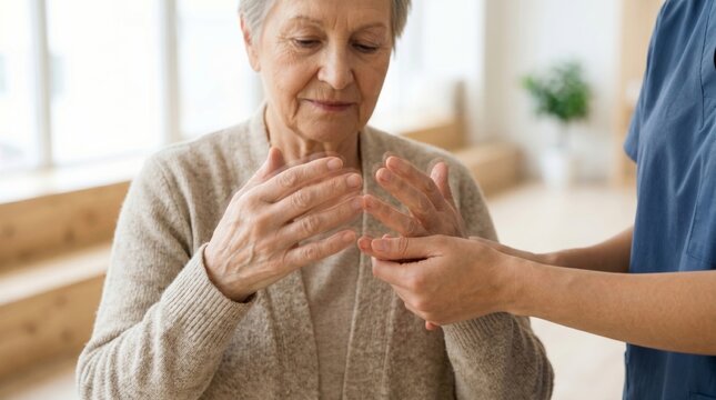 Senior woman showing trembling hands to nurse during medical examination. Doctor assessing hand tremor in elderly patient to diagnose neurological condition. Geriatric healthcare support.
