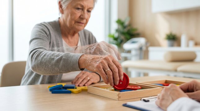 Senior woman doing cognitive therapy with wooden blocks. Elderly patient testing motor skill with occupational therapist. Recovery and rehabilitation program for memory loss or stroke patient.
