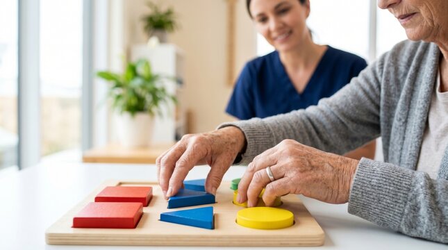 Woman senior doing cognitive therapy with wooden puzzle. Female caregiver assisting elderly patient with brain training exercise to improve memory and fine motor skill in clinic.