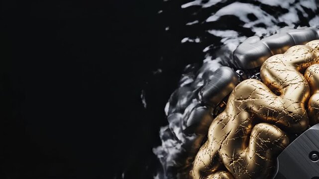 Metallic brain model with gold and silver texture rotating on black background. Representation of cognitive function and artificial intelligence process concept