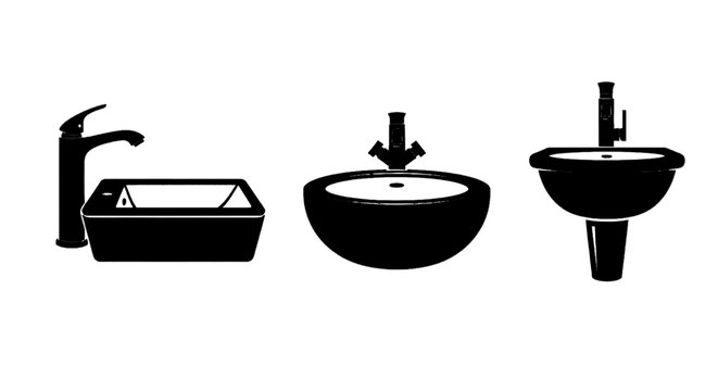 Minimal black silhouette icon, simple flat vector, bold black shape, no, no shading set of bathroom sinks with faucets on a, flat icon style