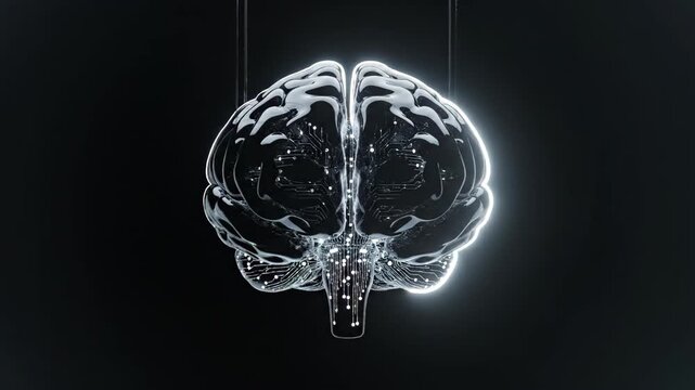 Glowing digital brain model with internal circuit pathways. Artificial intelligence technology visualization with 3d electronic organ structure on black background