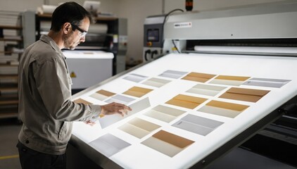 Fototapeta premium Worker assessing color density uniformity on printed envelopes using a quality inspection light table in a welllit workspace.