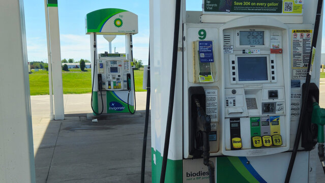 Mendota, IL - May 14, 2026: A BP gas station pump features diesel fuel options available alongside standard gasoline. Editorial Use.