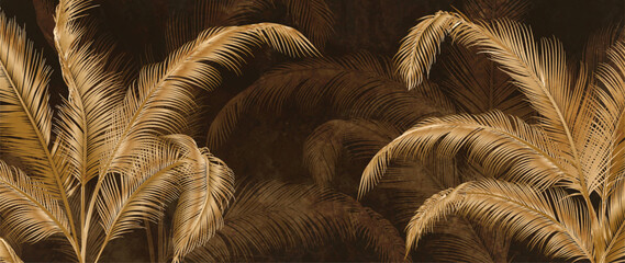 Obraz premium Luxury botanical background with tropical leaves in gold. Premium botanical banner for decor, wallpaper, textiles, packaging, and interiors.