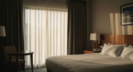 Fototapeta premium Cozy hotel room interior with soft lighting and comfortable bed.