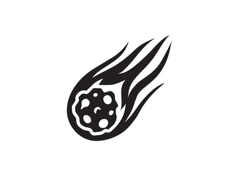 Meteor vector illustration with flame trail, black silhouette isolated on white background. Flying comet fireball, falling asteroid space astronomy logo design.