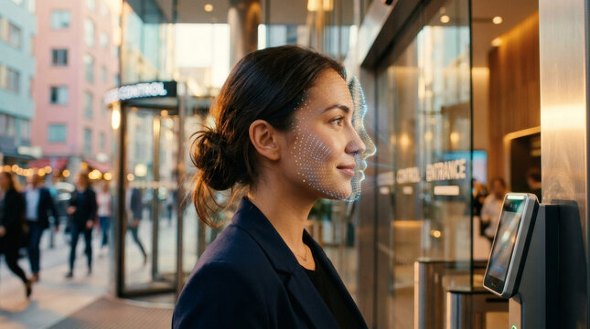 A close-up of a person facial profile being scanned by a subtle, clean abstract mesh of glowing digital light points, sleek modern corporate security entrance background, futuristic access control