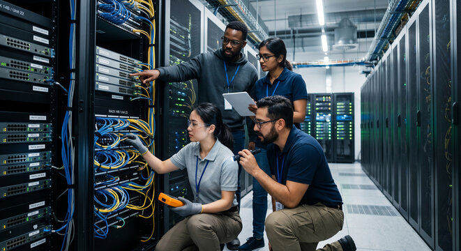 Diverse IT engineers cooperating to troubleshoot hardware in modern server room.