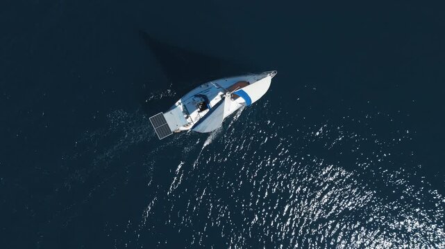 Aerial view of the sailing boat sailing in the sea near the islands close to the town of Paraty and Angra dos Reis in Brazil