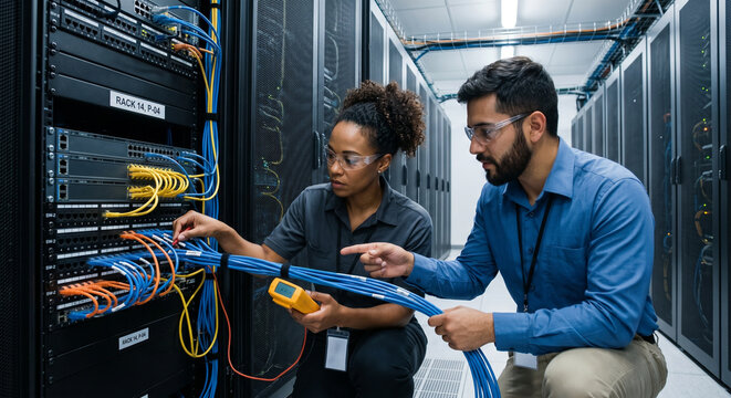 Diverse IT engineers cooperating to troubleshoot hardware in modern server room.