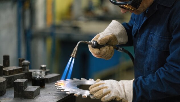 Closeup medium shot of a skilled worker brazing carbide tips onto a steel circular blade using a handheld torch highlighting careful manual flame application.