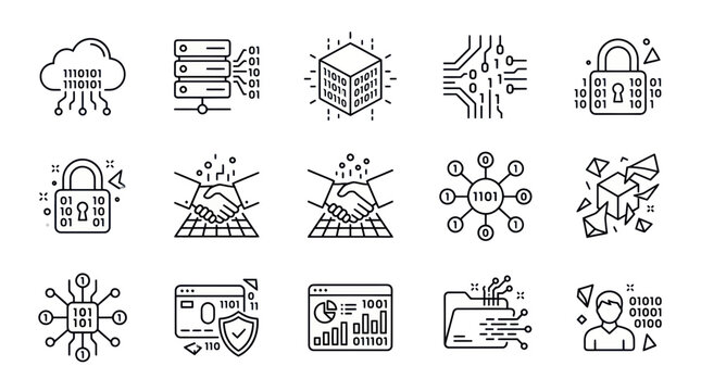 Digital Technology Icons: Cloud, Servers, Binary Code, Circuits, Lock, Handshake, Network, Data